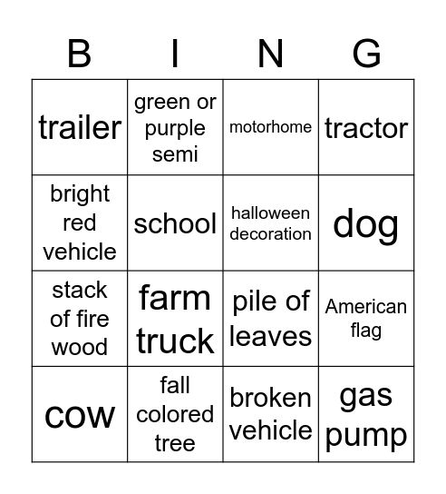 In the Car Bingo Card