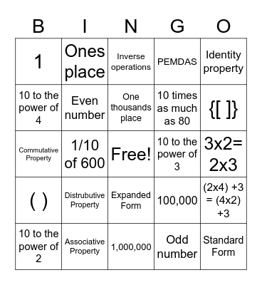 Ch. 1 5th Grade Go Math! Bingo Review! Bingo Card