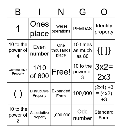 Ch. 1 5th Grade Go Math! Bingo Review! Bingo Card