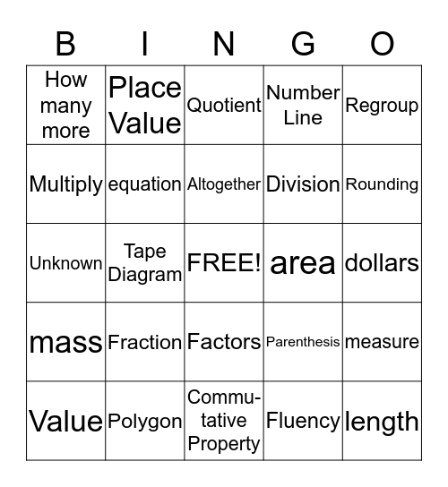 Math Vocabulary Bingo Card