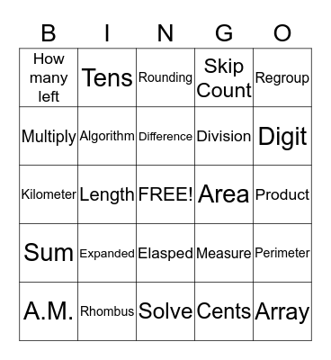 Math Vocabulary Bingo Card