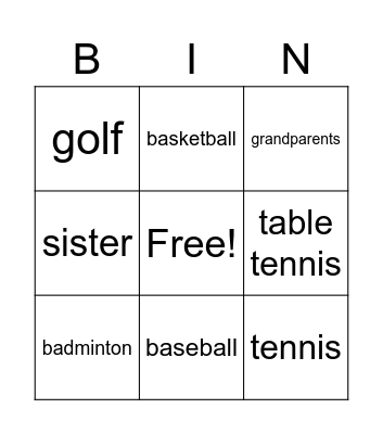 famliy bingo Card