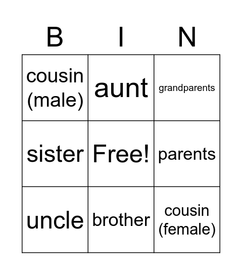 family's Bingo Card