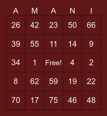 Amani Bingo Card