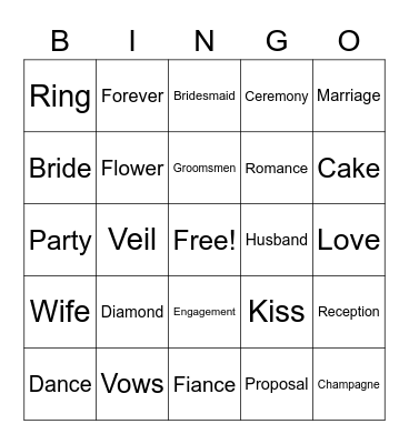 Melissa's Wedding Bingo Card