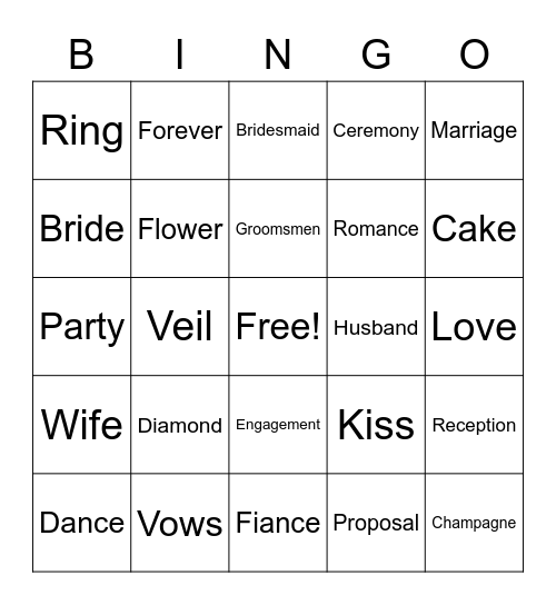 Melissa's Wedding Bingo Card