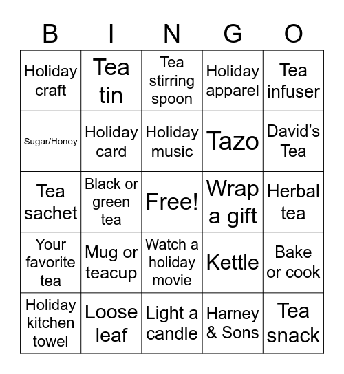 Holiday Tea Bingo Card