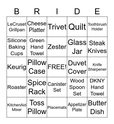 Kristin's Bridal Registry Bingo Card