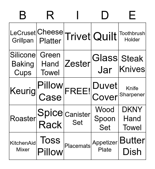 Kristin's Bridal Registry Bingo Card