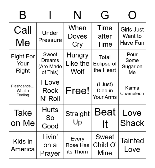 80s Music Bingo Card