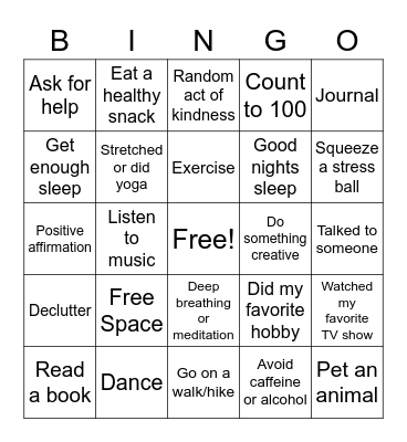 Stress Management Bingo Card