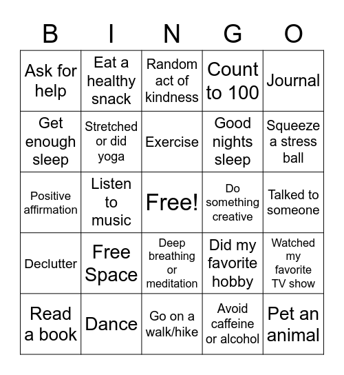 Stress Management Bingo Card