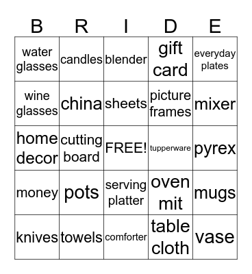 Jessica's Shower Bingo Card