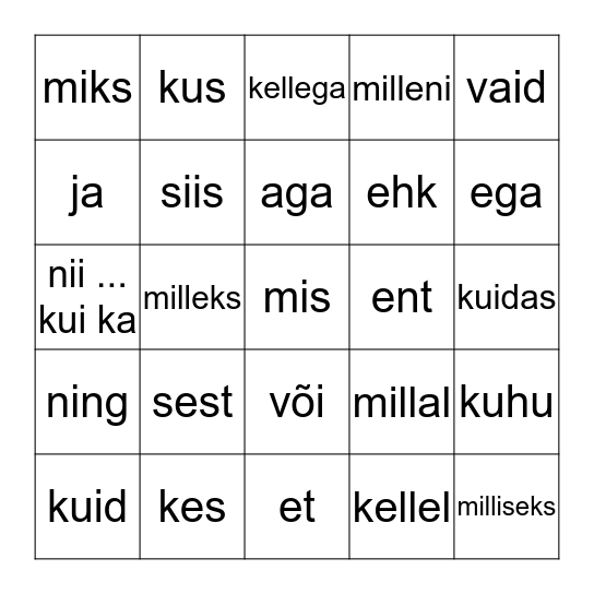 Liitlause kirjavahemärgid Bingo Card