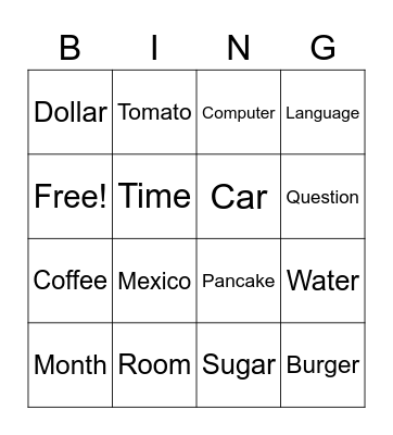 Vocabulary BINGO Card