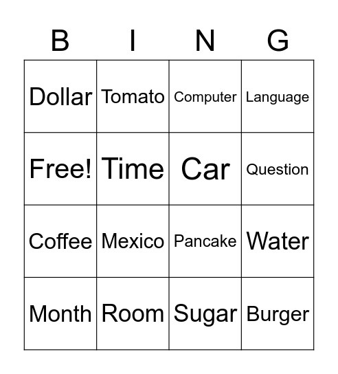 Vocabulary BINGO Card