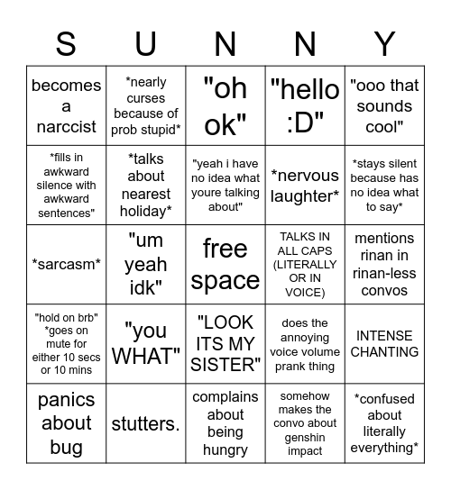 Sunny Bingo Card