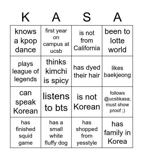 KASA GM #1: Bingo Card