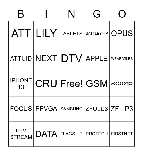 PRIME AT&T Bingo Card