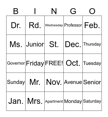 Abbreviation Bingo! Bingo Card