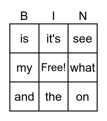 Sight Words Bingo Card