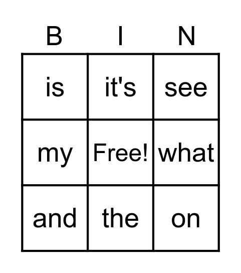 Sight Words Bingo Card