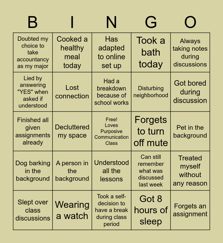 Online Class Bingo Card