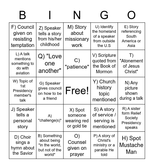 General Conference Saturday Morning Session Bingo Card