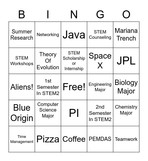 STEM2 Bingo Card