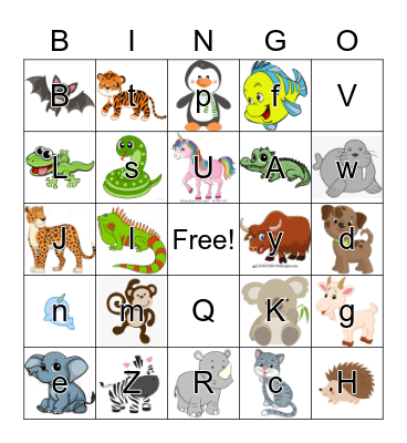 Animal Letter Bingo Card