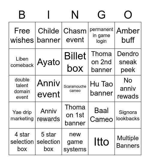 Streameut Bingo Card