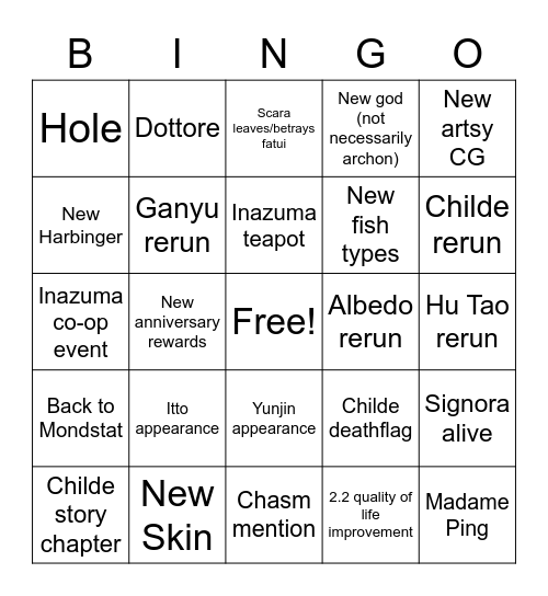 Genshin 2.2 Special Program uwu Bingo Card