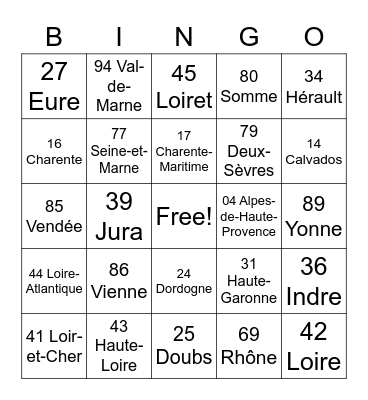 French Department Number Plate Bingo Card