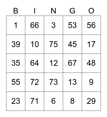 Joe ROUND 1 (Numbers) Bingo Card