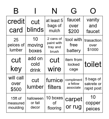 Cashier Appreciation Month Bingo Card