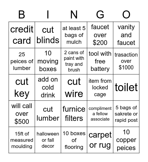 Cashier Appreciation Month Bingo Card