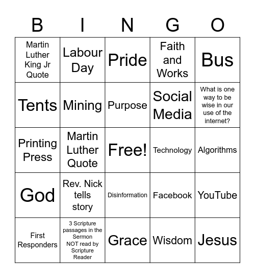 October 3rd, 2021 - Sermon Bingo Card