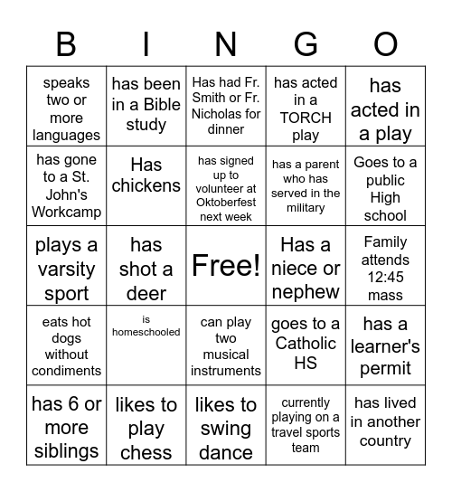 One Big Church Family Bingo Card