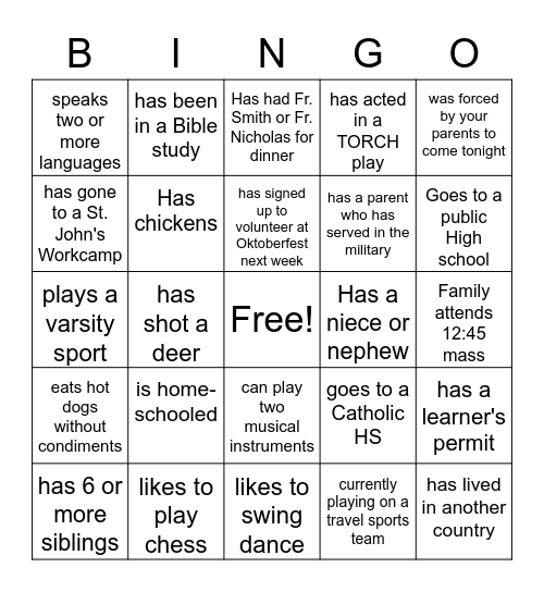 One Big Church Family Bingo Card