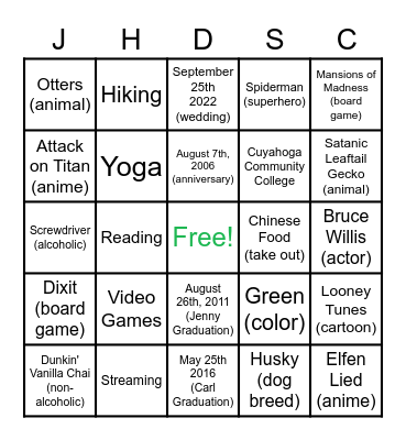 WEDDING BINGO Card