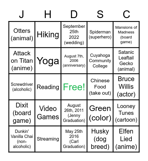 WEDDING BINGO Card