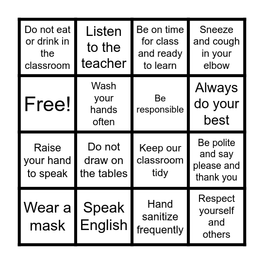 Classroom rules Bingo Card