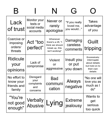 Relationship Red flags Bingo Card