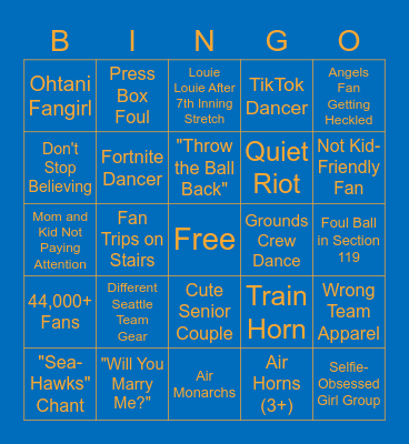 Mariners vs Angels Bingo Card