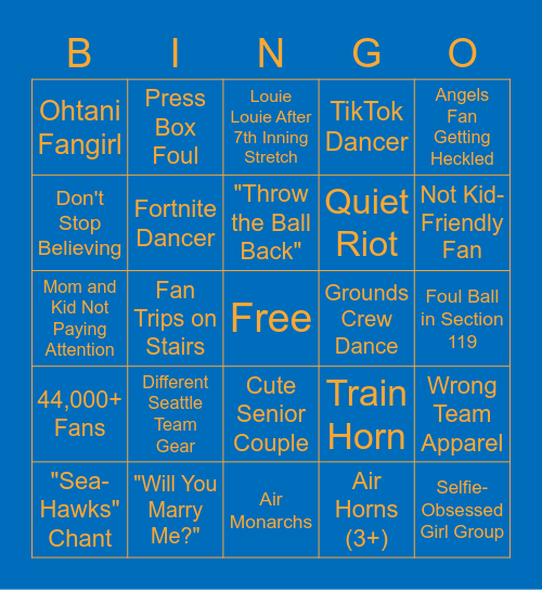 Mariners vs Angels Bingo Card