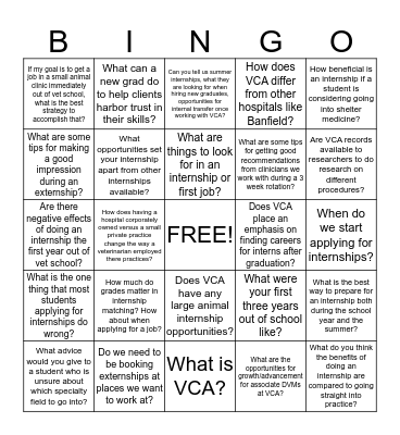 VCA Bingo! Bingo Card