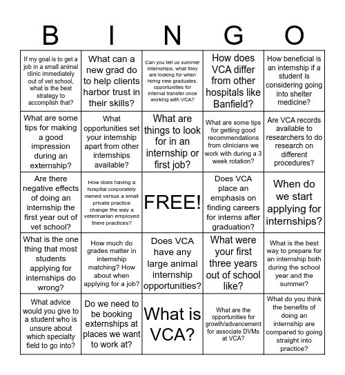 VCA Bingo! Bingo Card