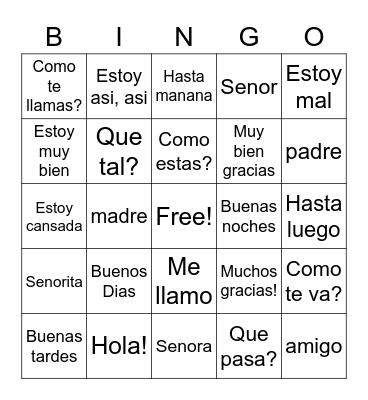 Spanish Vocabulary Bingo Card