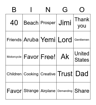 AK’s 40th CELEBRATION Bingo Card