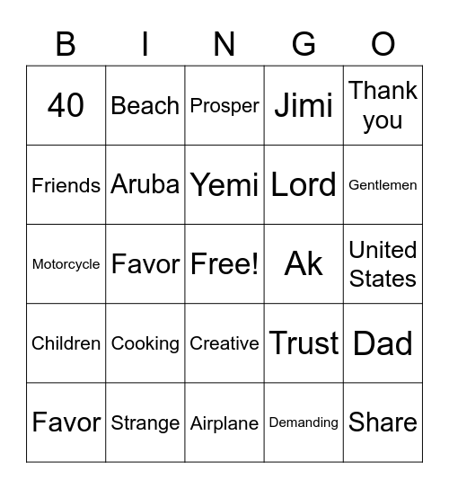 AK’s 40th CELEBRATION Bingo Card